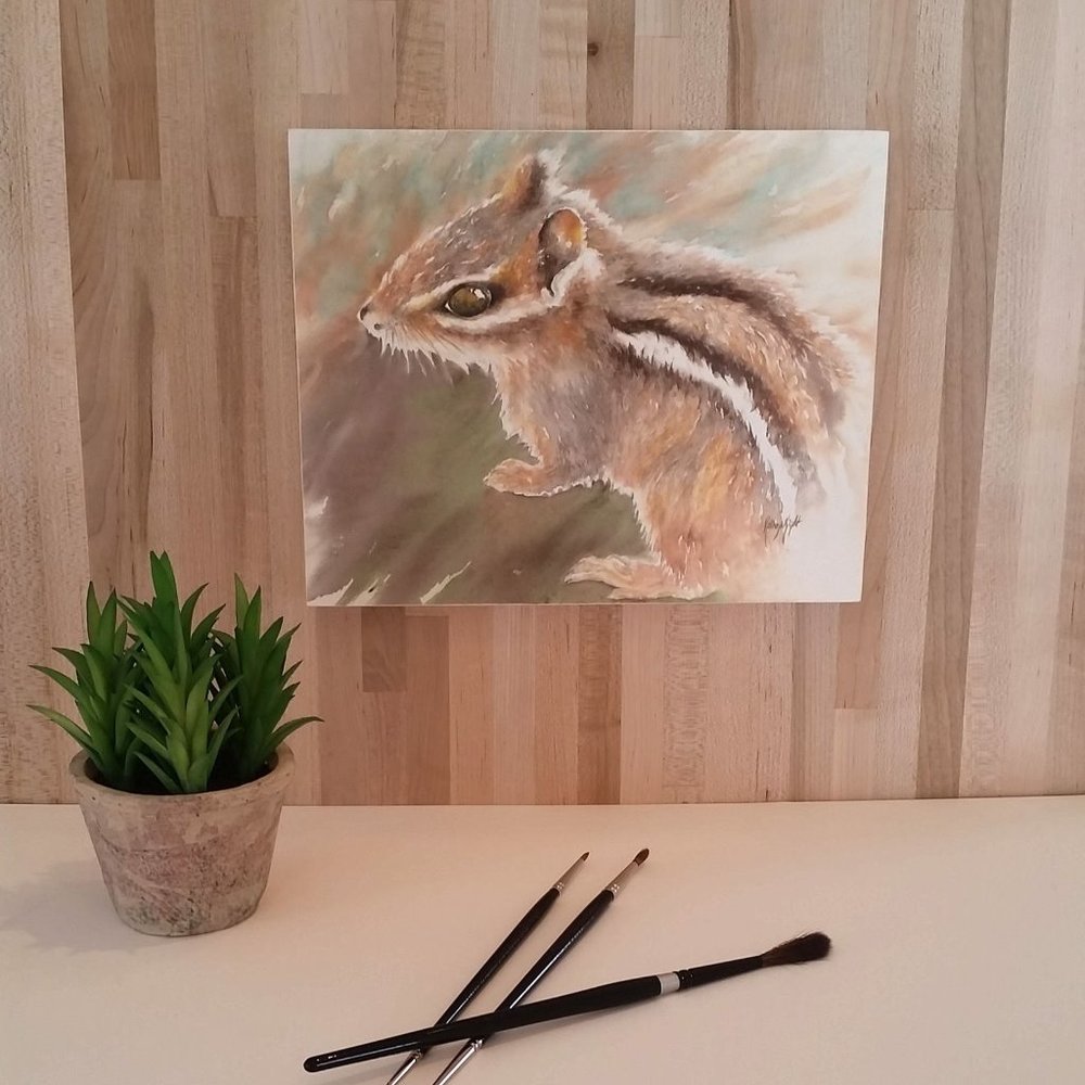Chipmunk Watercolor Print-Mounted on wood Panel. 8 X 10